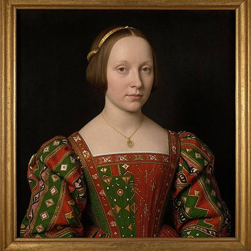 Renaissance-style portrait of a pale-skinned woman with brown bob haircut, wearing a red and green patterned dress, gold headband, and