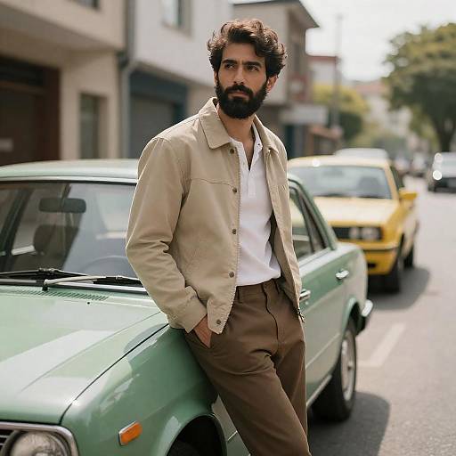 Bearded Man by Green Vintage Car