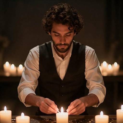 Bearded Man Lighting Candles in Darkness