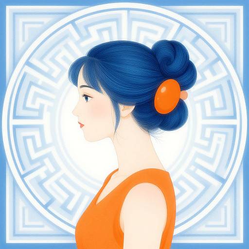 Digital anime-style portrait of a woman with blue hair in a bun, orange hairpin, and orange sleeveless top, side profile, white circular pattern