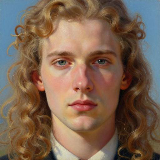 Digital portrait of a young man with long, curly blonde hair, fair skin, blue eyes, and a serious expression, wearing a black suit with a