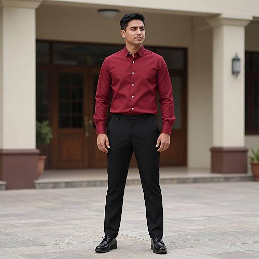 Photograph of a handsome man with short black hair, wearing a red button-up shirt, black pants, and black shoes, standing confidently in front of