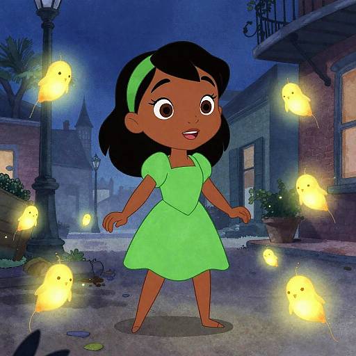 Digital cartoon of a dark-skinned girl with black hair, green dress, and headband, smiling at glowing yellow birds in a nighttime street.