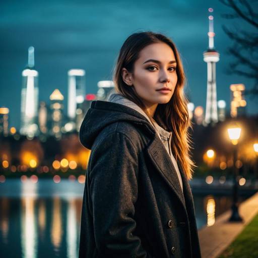 Young Woman in Park at Dusk with City Skyline