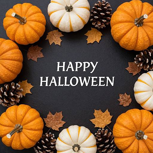 Photograph of orange and white pumpkins, pinecones, and brown leaves on a black background with 