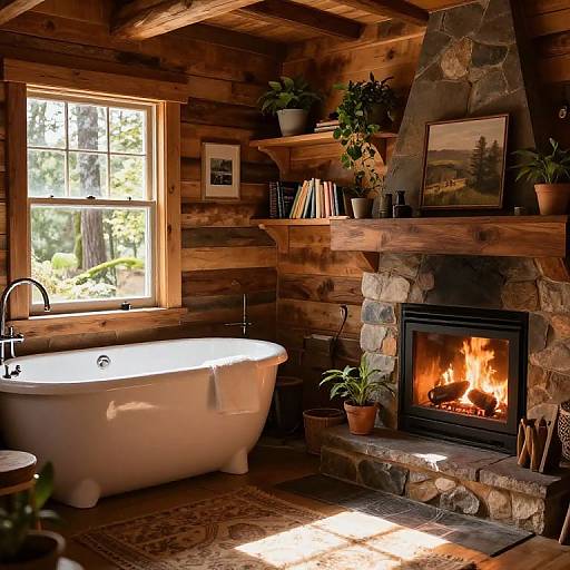 Cozy log cabin bathroom with a white clawfoot bathtub, stone fireplace, wooden shelves, potted plants, and sunlight streaming through a window.