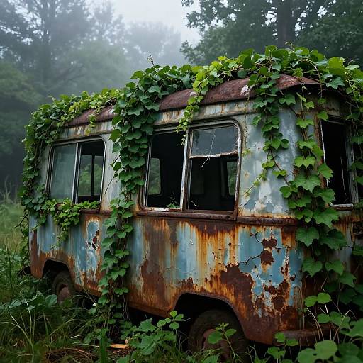 Overgrown Abandoned Barkas Van in Forest