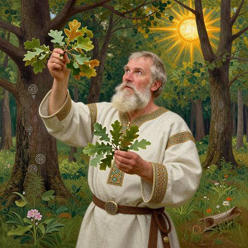 Photorealistic digital artwork of a bearded, elderly man in a white, embroidered tunic, holding oak leaves, standing in a sunlit forest