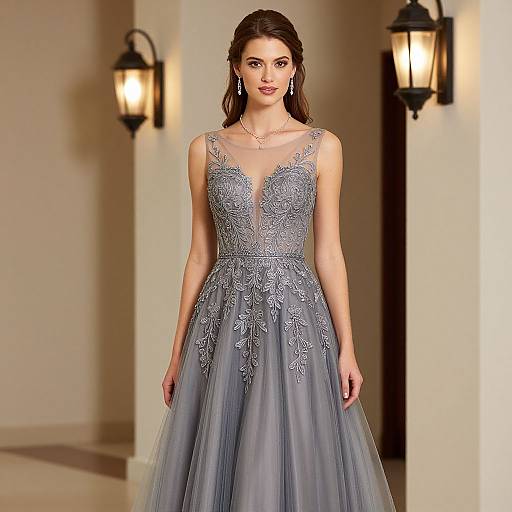 Photograph of a brunette woman in a floor-length, gray, lace and tulle evening gown with a deep V-neck, walking down an illuminated,