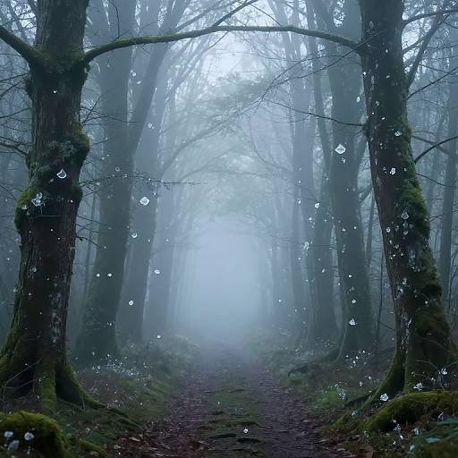 Photograph of a misty forest path with tall, moss-covered trees; ethereal white leaves float through the dense, foggy air.