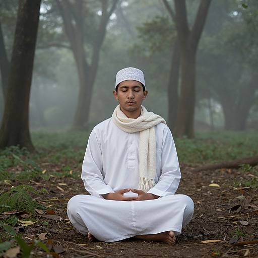 Photograph of a young Asian man in white traditional attire and white cap, sitting cross-legged in a misty forest, hands resting on knees, with