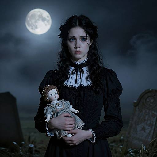 Photograph of pale, dark-haired woman in black Victorian dress, holding porcelain doll, under full moon, graveyards in dark background.
