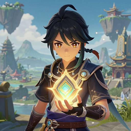 Digital artwork of a determined young man with black hair, orange eyes, and glowing crystal, standing in a vibrant fantasy landscape.