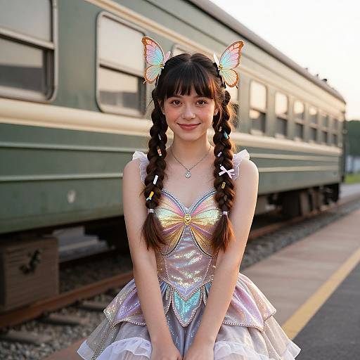 Photograph of a young girl with brown braids, wearing a sparkly butterfly costume and butterfly headpiece, sitting on a train platform with green train