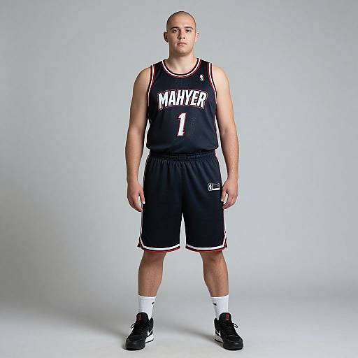 Photograph of a bald, muscular young man in a black 