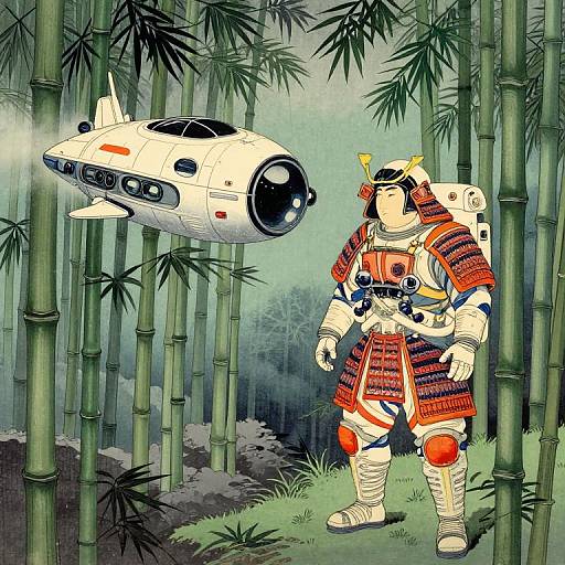Digital illustration of a samurai-style astronaut in red armor standing in a bamboo forest with a futuristic spaceship hovering above.