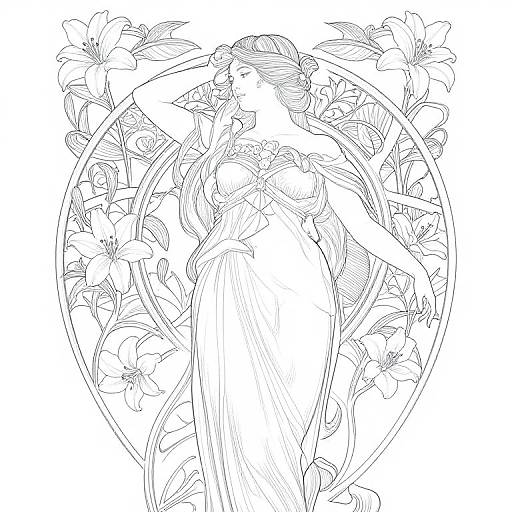 Black-and-white line art of a woman in a flowing dress, surrounded by large lilies, standing within a circular floral frame.