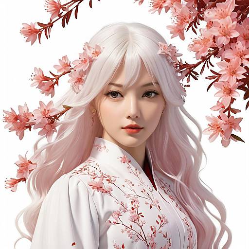 White-Haired Girl with Floral Accents