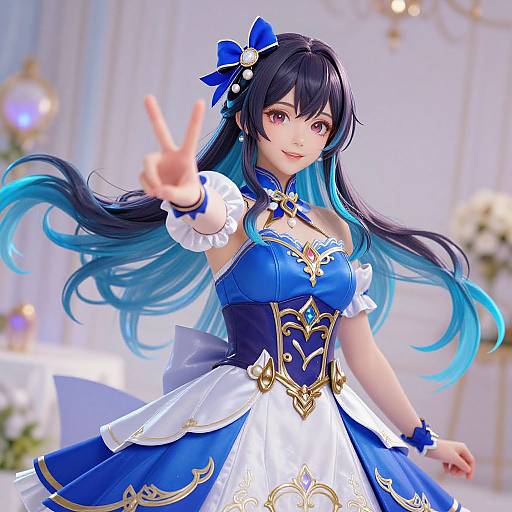 Digital anime-style drawing of a cute, smiling girl with long blue and black hair, wearing a blue and white ornate dress, making a peace sign
