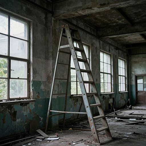 Photograph of a dilapidated, abandoned room with a rusted aluminum ladder leaning against peeling, dirty green walls and large, sunlit windows