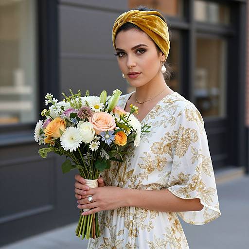 Photograph of a woman with olive skin and dark hair in a yellow headscarf, wearing a white floral dress, holding a colorful bouquet of roses