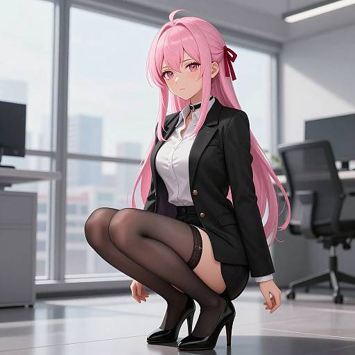 Digital anime-style drawing of a pink-haired woman with red ribbon, wearing a black blazer, white shirt, black skirt, thigh-high stockings, and