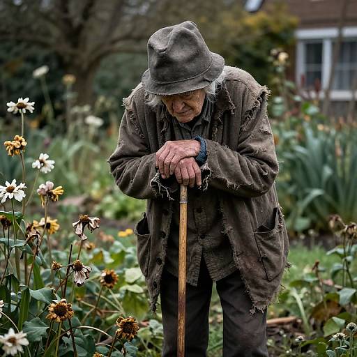Photograph of an elderly man with weathered face, wearing tattered brown coat and hat, leaning on wooden cane in a blooming garden with white