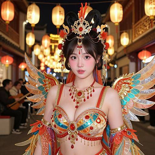 Photograph of an Asian woman in elaborate, colorful traditional Chinese attire with feathered wings, gold and red jewelry, and ornate headdress, standing