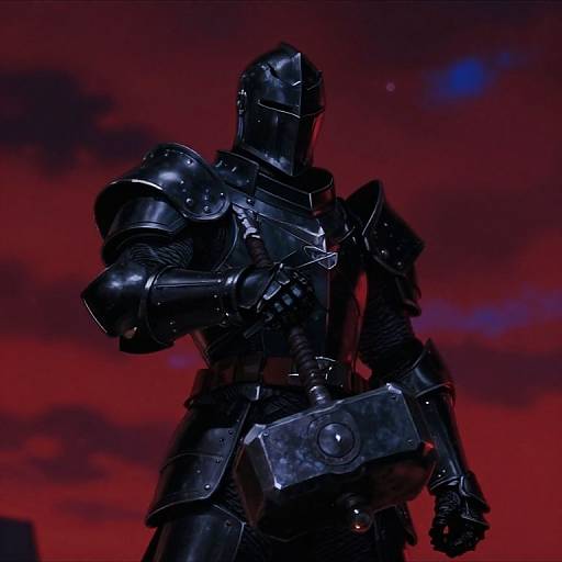 Photograph of a dark, armored knight with a helmet, standing against a vivid red and purple sunset sky, holding a large, textured sword belt.
