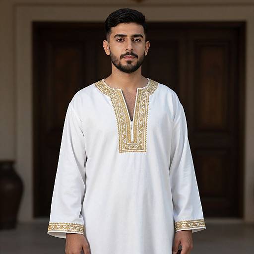 Photograph of a young South Asian man with a trimmed beard and short black hair, wearing a white traditional kurta with gold embroidery, standing in front