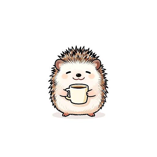 Adorable cartoon hedgehog with spiky brown and white fur, holding a beige cup, smiling with closed eyes, on a white background.