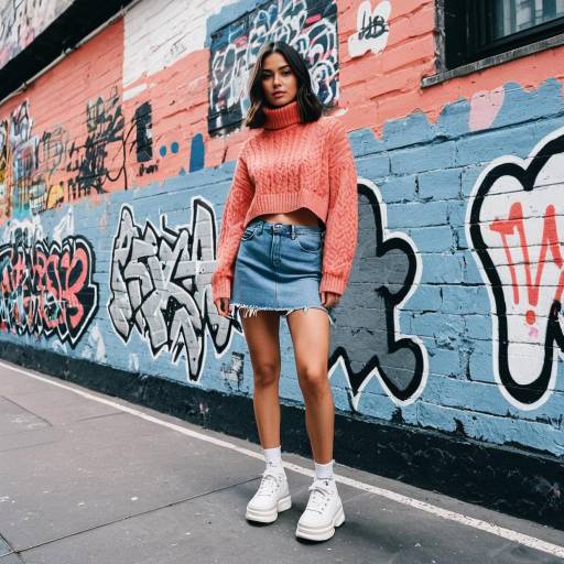 Woman in Coral Turtleneck and Denim Skirt by Graffiti Wall