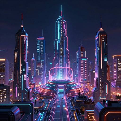 Neon-lit, futuristic cityscape photograph showcasing a towering central skyscraper surrounded by glowing, colorful high-rises and illuminated circular intersection at night.