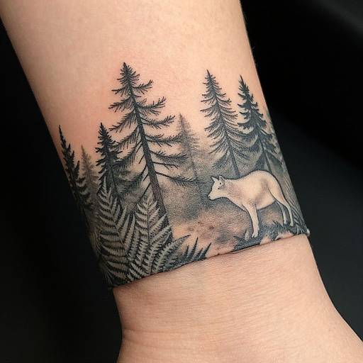 Black and gray tattoo of a forest with tall pine trees and a white fox standing to the right on a forearm.