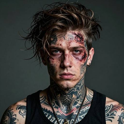 Tattooed, blood-streaked, intense young man with messy brown hair, wearing black tank top, dark background, detailed facial and neck