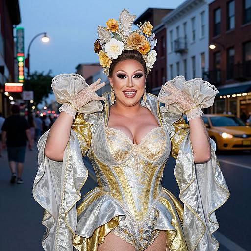 Photograph of a smiling woman in a gold and white, corseted, Renaissance-style costume with lace gloves and flower crown, standing on a bustling