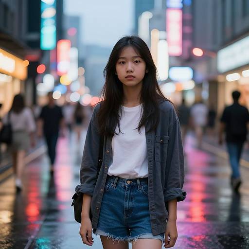 Photograph of an Asian woman with long black hair, wearing a white tee, denim shorts, and a gray jacket, standing in a rain-soaked
