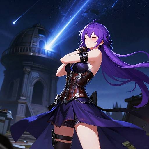 Anime Girl with Purple Hair at Ruined Observatory