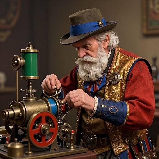 Photograph of an elderly white man with a white beard, wearing a brown hat and ornate gold-red vest, repairing a vintage brass machine in a