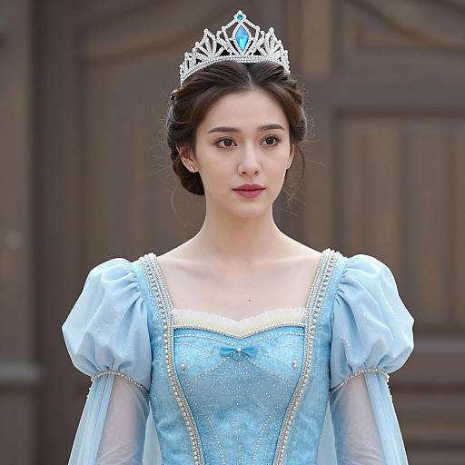 Photograph of a young woman with fair skin, wearing a light blue, sparkling princess dress with puffed sleeves, and a silver tiara with blue