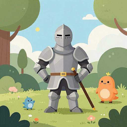 Friendly Knight with Cute Creatures in Nature