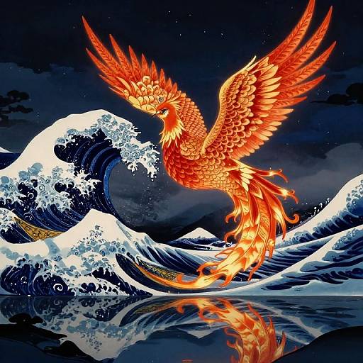 Digital artwork of a fiery red phoenix with outstretched wings soaring above crashing ocean waves, reflected in the water, under a dark, starry sky