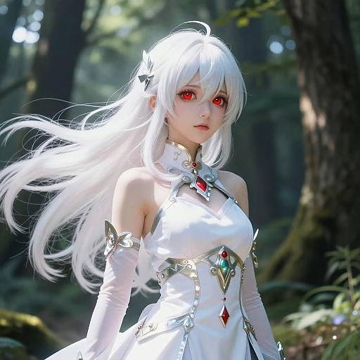 Anime Girl with White Hair in Mystical Forest