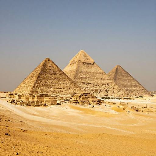 Photograph of three ancient Egyptian pyramids under a clear blue sky, set in a vast, sandy desert landscape.