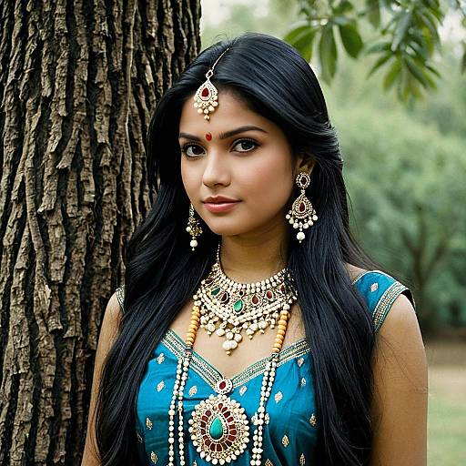 Indian Woman in Traditional Jewelry Outdoors