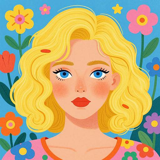 Digital pop-art portrait of a blonde woman with blue eyes, red lips, and freckles, surrounded by colorful flowers against a blue background.