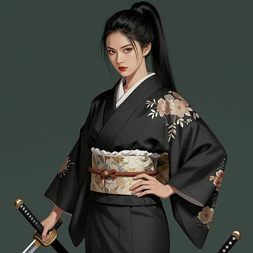 Confident Asian Woman in Kimono Illustration