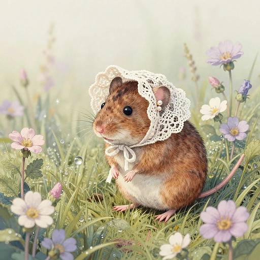 Timid Wood Mouse in Lace Bonnet