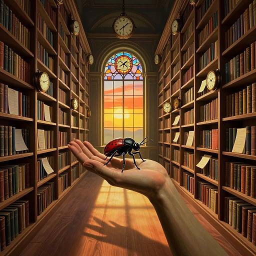 Photorealistic digital artwork: A red beetle rests on an open hand in a sunlit, wooden library aisle with bookshelves, clocks, and