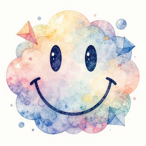 Watercolor illustration of a smiling, cloud-shaped face with large black eyes and a curved black smile, featuring colorful, translucent geometric shapes and bubbles.